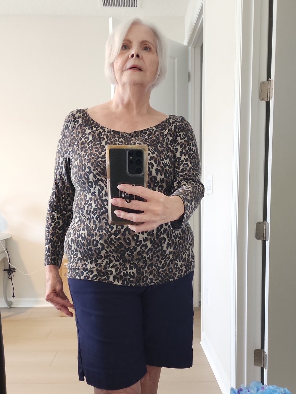 St. John Leopard-Print Long Sleeve Top — Brown, Black & Cream